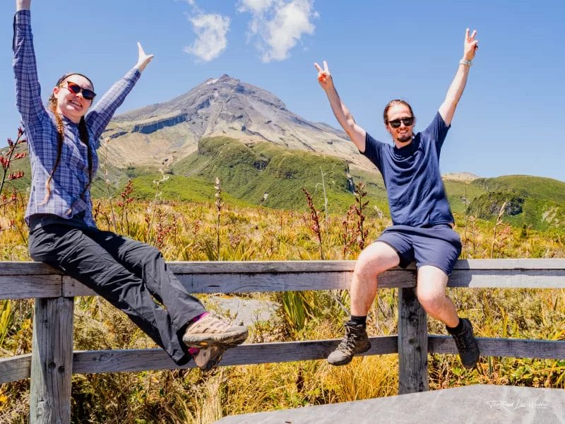Us enjoying the viewpoint in the swamp on Pouākai Crossing